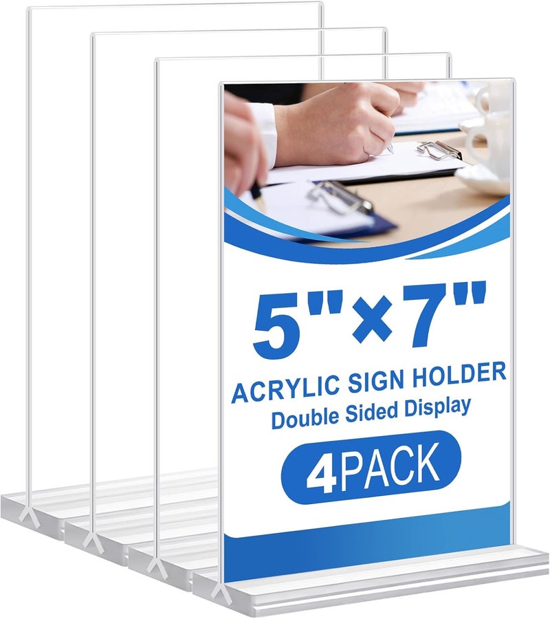dulvus Acrylic Sign Holder 5x7 T Shape Plastic Signs Stand Flyer Holder Display Signs Holders Stand Bulk 4 Packs - Image 1